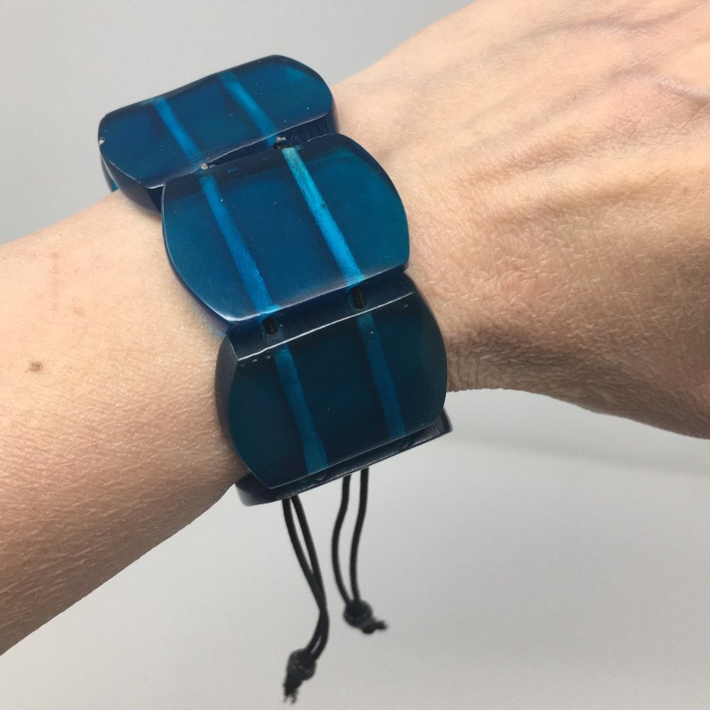 Translucent Aegean Blue Wide Acrylic Rectangular Panel Stretch Cuff Bracelet